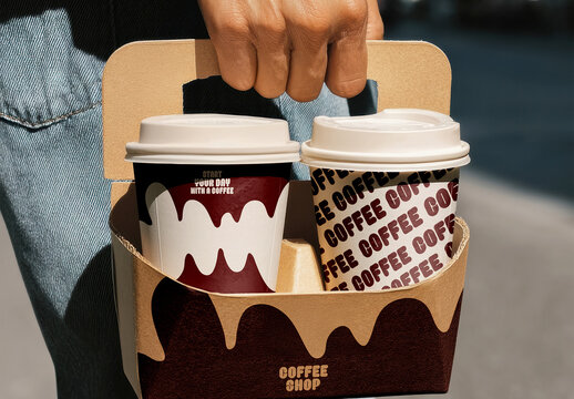 Coffee Cup Carrier Mockup Outdoors