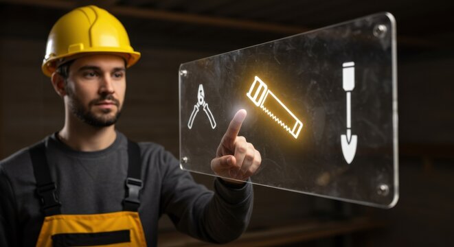 Man in hardhat interacting with virtual screen. Worker in workwear selecting tools on futuristic interface for construction industry. - Powered by Adobe