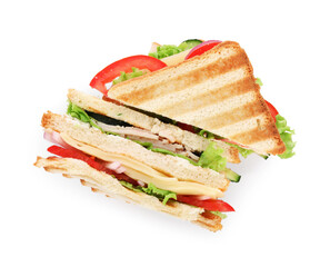 Yummy sandwiches with ham, cheese and vegetables isolated on white, top view