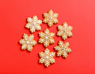 Fototapeta premium Christmas cookies arranged in the shape of a snowflake, top-down view, soft warm ligh