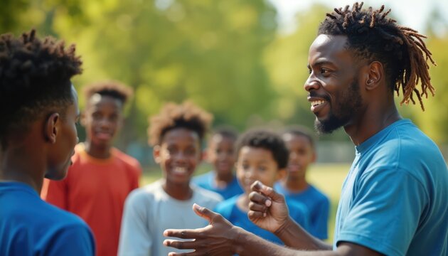Coach instructs young soccer team outdoors during training. Black male coach with dreadlocks smiles, talking to diverse group of boys in blue sportswear on sunny day.