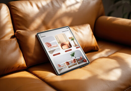 Tablet Screen Mockup on Brown Leather Sofa