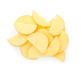 Slices of raw potatoes isolated on white, top view