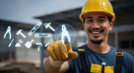 Asian man contractor in hard hat touching virtual construction tool icons. Digital job future and smart building work concept.