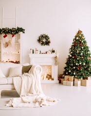 Cozy Christmas living room with a decorated tree, warm lights, fireplace, and stockin