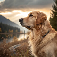 Golden Retriever, Golden Retriever dog, looking at nature contemplatively, sunlight falling on it making it more clear and beautiful, close-up shot, isolated natural background