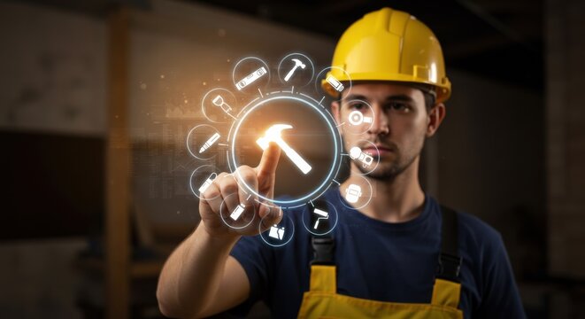 Man in hard hat touching holographic screen with construction tool icons. Digital interface for engineering and building. Industry maintenance concept. - Powered by Adobe