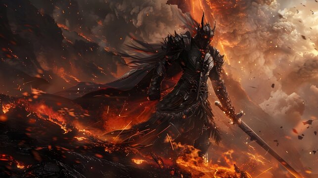 Armored demon knight wielding flaming sword in fiery battlefield