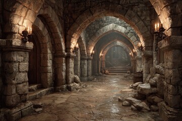 Obraz premium Medieval stone passageway. Arched corridors, light filtering, ancient