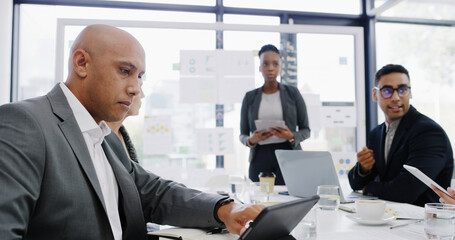 Presentation, meeting and business people in office with technology, graphs or charts for finance report. Discussion, board and team of financial advisors with statistics for investment proposal.