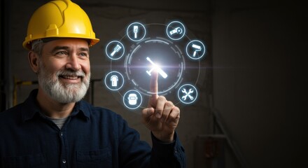 Caucasian man in hard hat pointing to augmented reality tool icons. Digital interface for construction and industry. Smart technology concept.