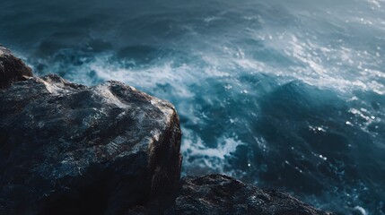 Jagged rock cliff at the turbulent sea under dramatic coastal lighting