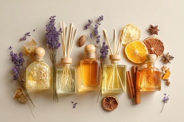 Aromatic Reed Diffusers with Lavender, Citrus, and Spices on Neutral Background