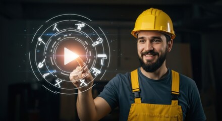 A service worker presses a play button in a virtual reality interface, showcasing tools for a new project. Industry concept.