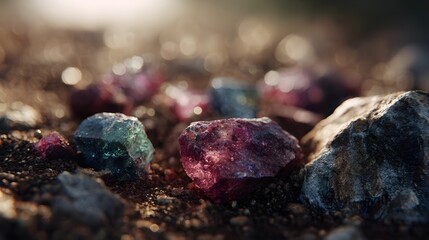 Colorful minerals on rocky ground with a warm sunlight glow