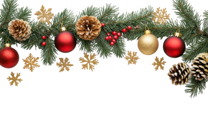 Christmas garland with pinecones, red and gold ornaments, and snowflakes isolated on transparent background