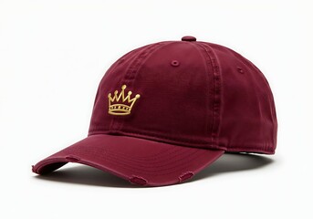 A stylish maroon baseball cap with a gold crown emblem and distressed brim, isolated on a white background.