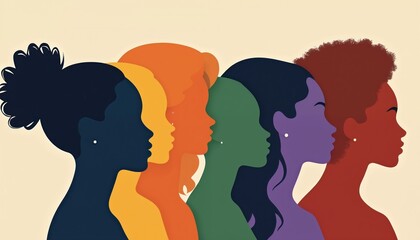 Diverse group of women silhouetted in profile against neutral background. Features vibrant colors, abstract shapes representing various skin tones, hairstyles. Unity, sisterhood, female empowerment.