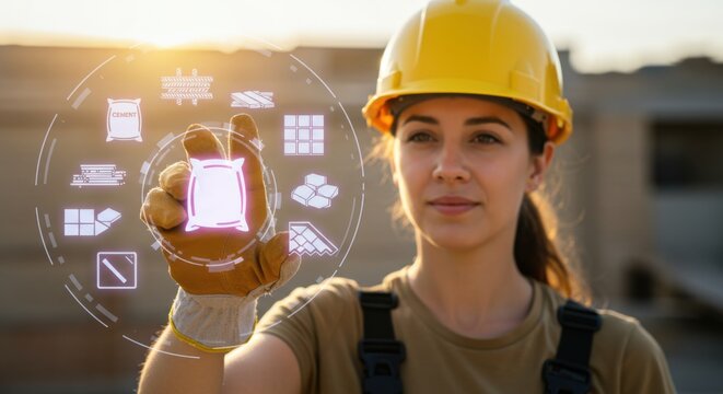 Woman construction worker in hard hat selects virtual building materials. Digital interface for modern construction and industry.