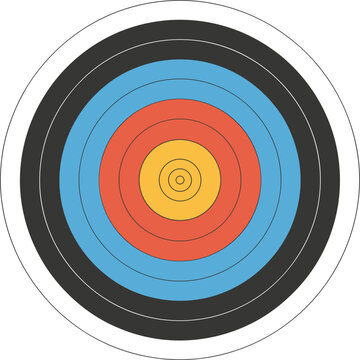 Circular archery target with concentric rings of yellow blue and red bullseye sport