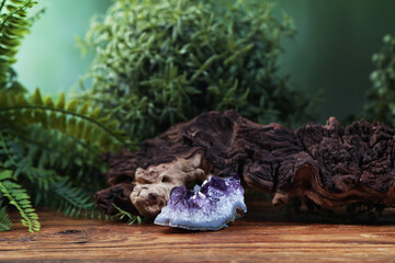 Aura. Beautiful amethyst, driftwood and green plants on wooden surface against blurred background