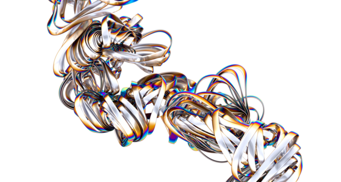 Modern abstract image of iridescent metallic ribbons swirling and intertwining. Perfect for technology, design, and art.