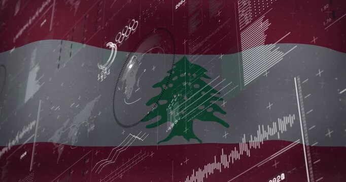 Lebanese flag initiating overlay by fading cedar ring and markers, animating graphs showing trends