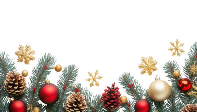 Christmas garland with pinecones, red and gold ornaments, and snowflakes isolated on transparent background