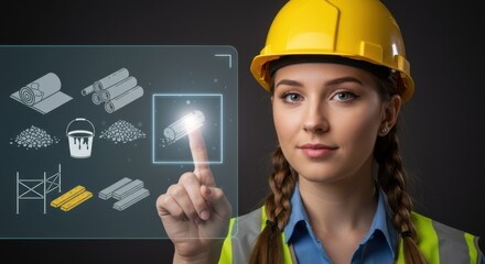 Woman architect or builder wearing a hard hat, tapping on a futuristic touch screen with building materials.