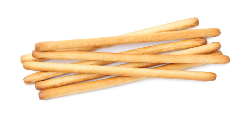 Delicious grissini sticks isolated on white, top view