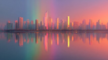 Fototapeta premium Vibrant cityscape at sunrise, reflected in calm water, with a pastel rainbow