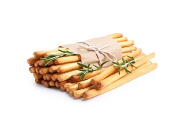 Delicious grissini sticks with rosemary isolated on white