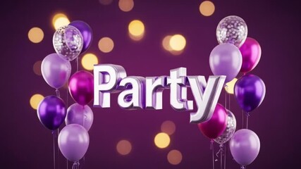 Party celebration with purple and pink balloons against a bokeh light background design render