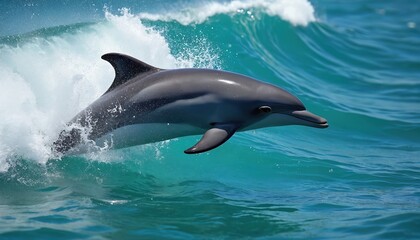 Fototapeta premium Leaping dolphin splashes through ocean waves, gray, white mammal visible. Wild animal swims in blue water, symbol of freedom, nature. Scene captures graceful movement in pristine natural habitat,