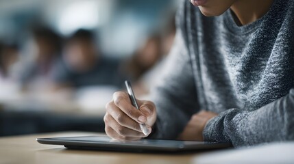 Student using a tablet in a focused educational setting