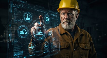 Caucasian engineer man touching virtual screen with industrial icons, construction industry data analysis concept.
