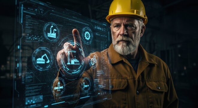 Caucasian engineer man touching virtual screen with industrial icons, construction industry data analysis concept.