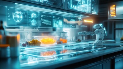 Futuristic kitchen with robot assistant and holographic displays showcases home automation