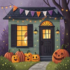 Obraz premium Cozy halloween house decorated with pumpkins and festive lights