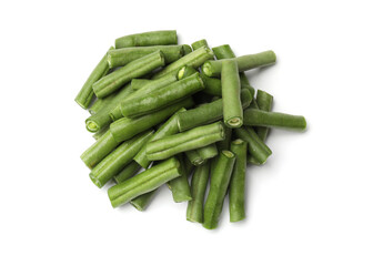 Pieces of fresh pea pods isolated on white, top view