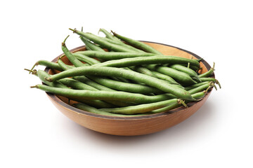 Fresh pea pods in bowl isolated on white
