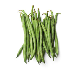 Fresh pea pods isolated on white, top view