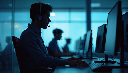 Silhouette of call center agent wearing headset works at computer in dimly lit office. Focus on employee using technology for communication support. Represents teamwork, professional customer service.