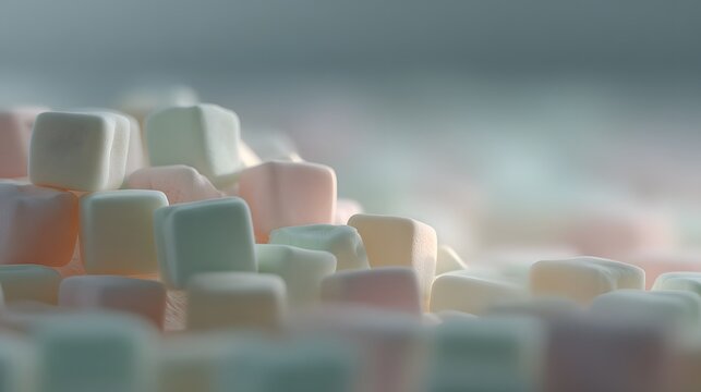 Close-up view of a pile of colorful square marshmallows.