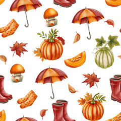 A seamless pattern featuring pumpkins, maple leaves, mushrooms, umbrellas, socks, and rubber boots in a watercolor style. Perfect for fabric, packaging, stationery, wallpaper, and autumn decor.
