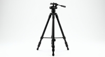 Professional black camera tripod with adjustable legs and mount isolated on a clean white background for photography and videography.