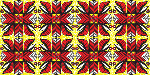 A bold African-style pattern with vibrant colors. Features geometric and floral motifs in red, white, and black on a yellow background, creating an energetic and festive feel.