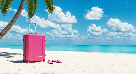 Pink Suitcase and Flip-Flops on Tropical Beach, Generative AI