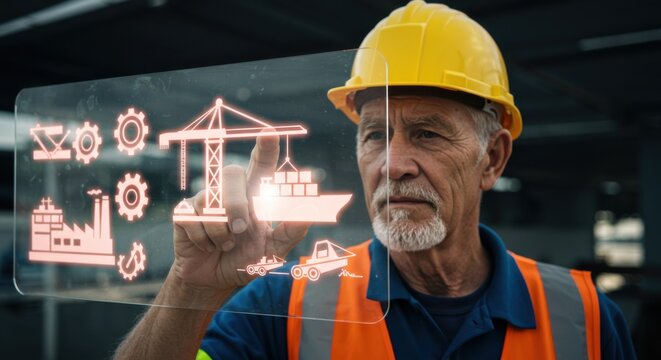 Senior man construction worker interacts with virtual screen showing industrial icons. Digital hologram for smart factory and logistics management. Industry 4.0 concept.