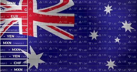 On start Australian flag filling frame while currency rates updating and arrows flipping live forex